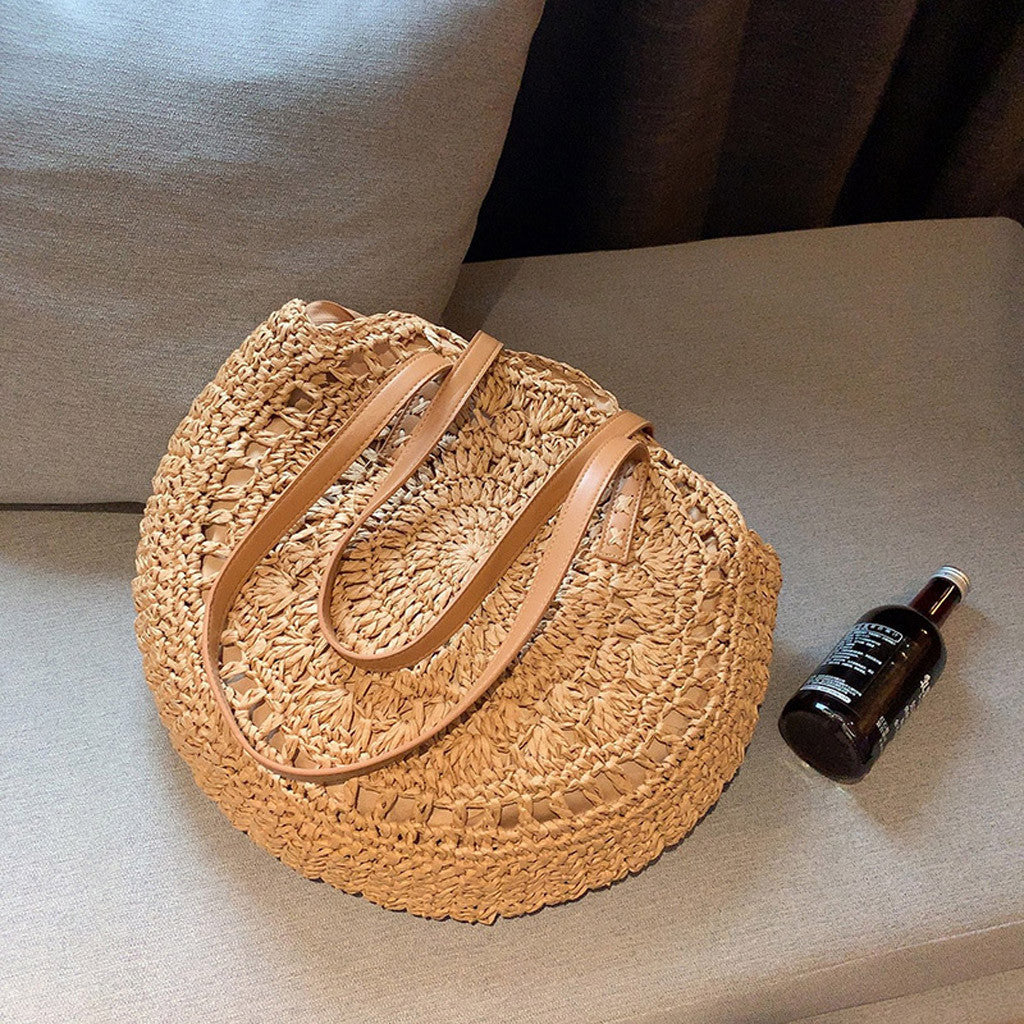 beige Bohemian Large Round Straw Bag for Women