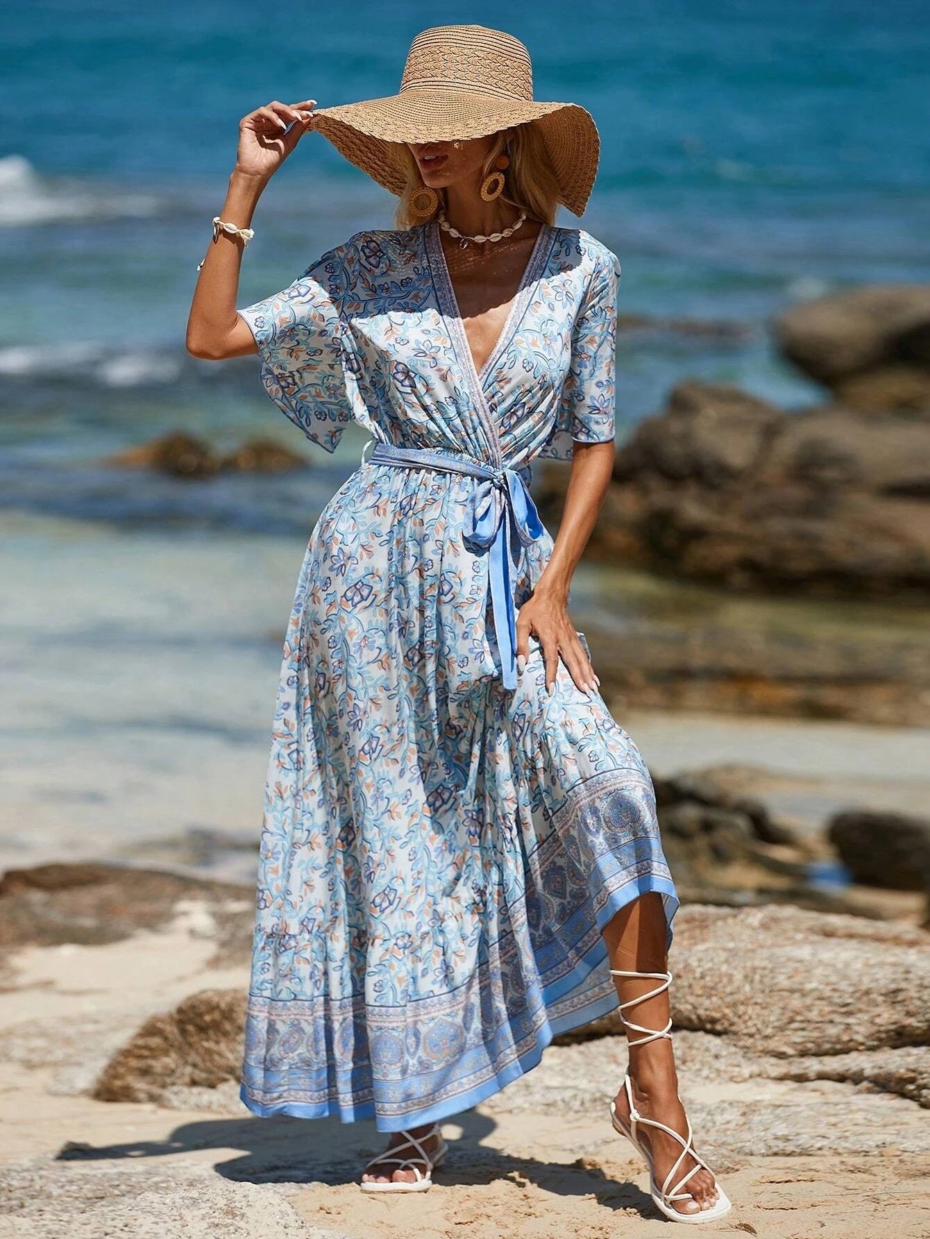 Bohemian Maxi Beach Dress light blue