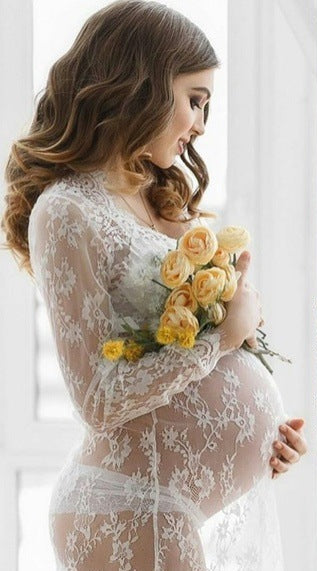 Collage of a pregnant woman in lace dresses with floral backgrounds