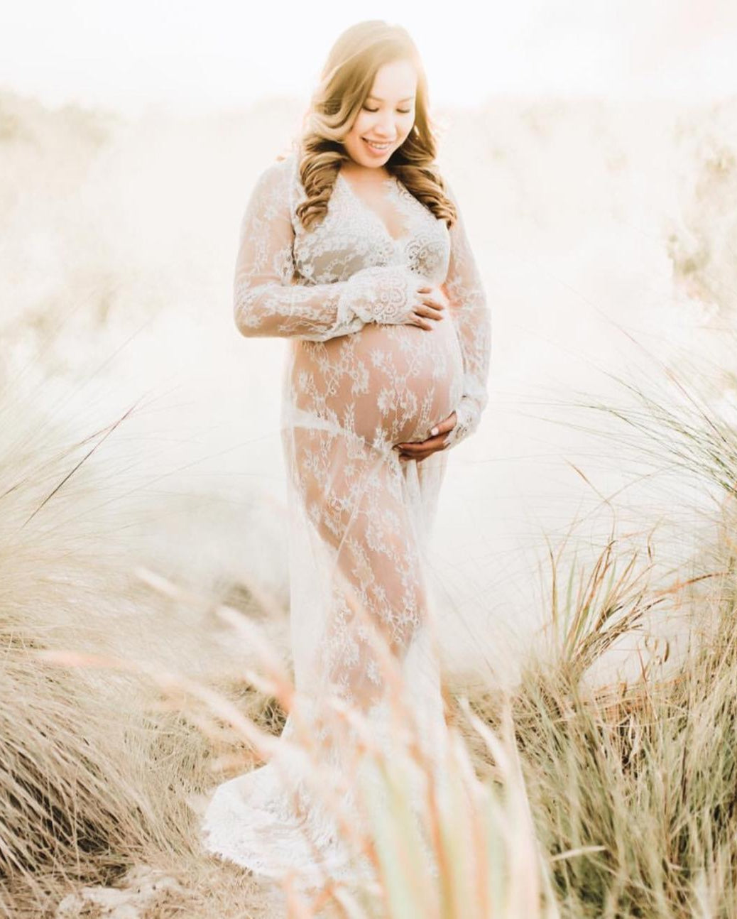 Bohemian Maxi See-Through Maternity Photoshoot Lace Dress