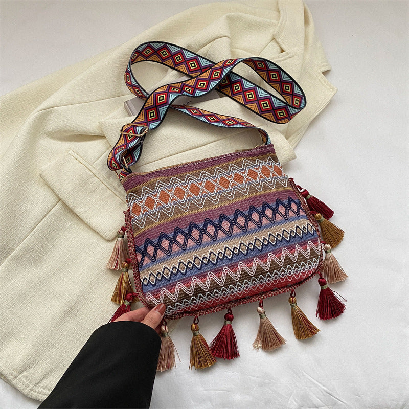 embroidered Colorful Bohemian Pattern Bag with Tassels