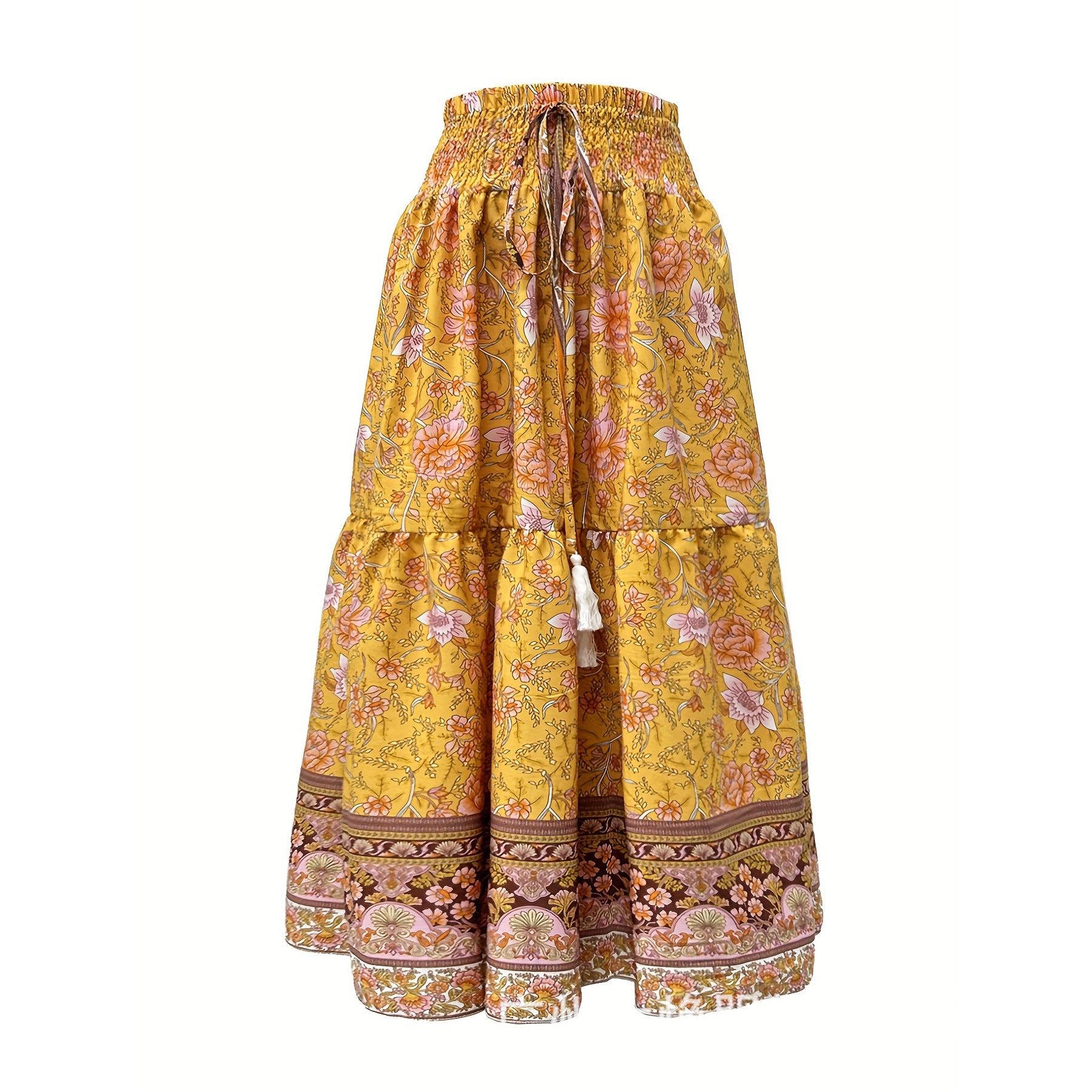 Yellow floral tiered skirt on a white background