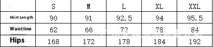 Table displaying measurements for a product in various sizes.