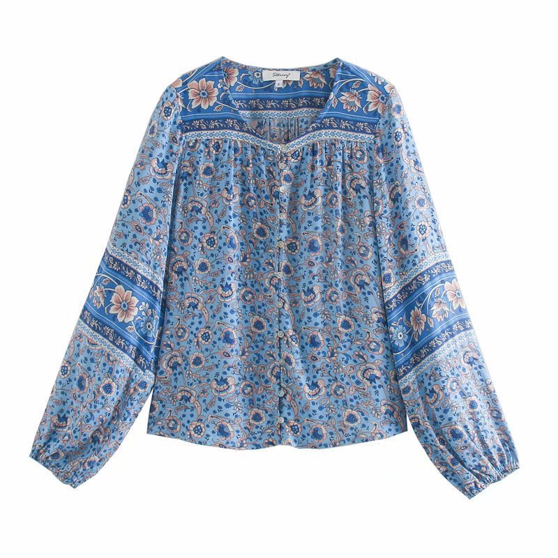 blue Bohemian Pattern Long Sleeve Blouse