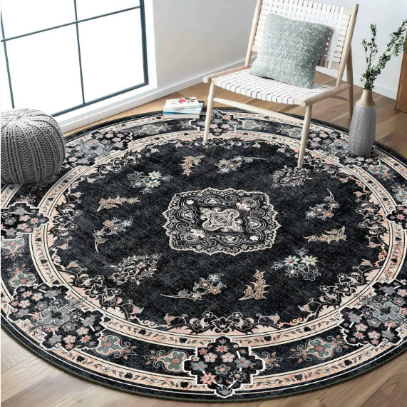 black Bohemian Patterned Round Carpet
