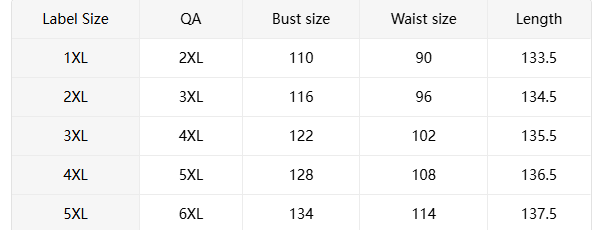 Table displaying product size chart with label sizes, QA, bust, waist, and length measurements.