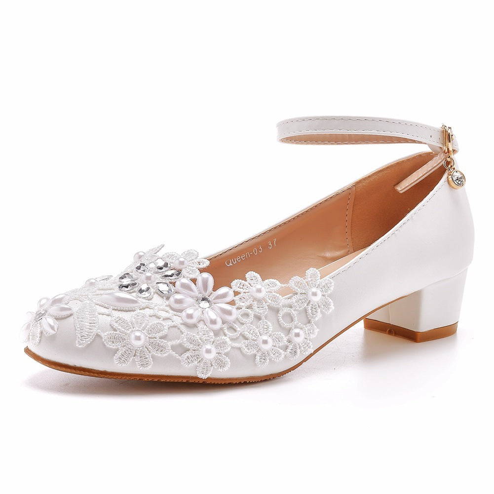 Bohemian Short-Height Bridal Heels with White Flowers comfortable