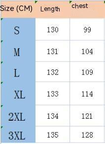 Table showing size chart with measurements for length and chest circumference.