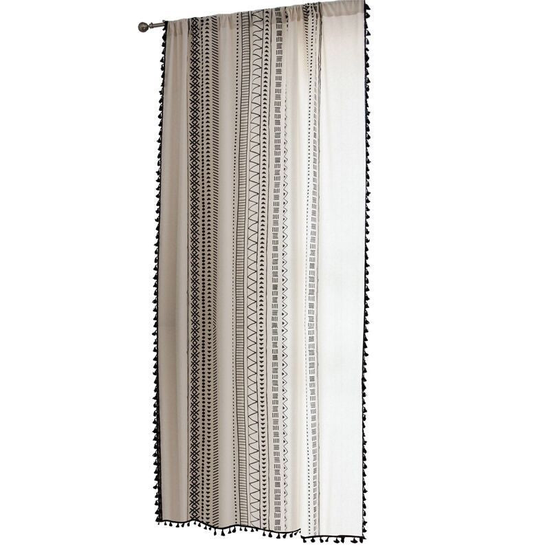 Bohemian Style Beige Curtain with Black Tassels