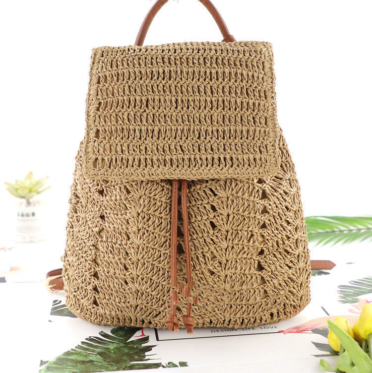 brown Bohemian Summer Straw Backpack for Women