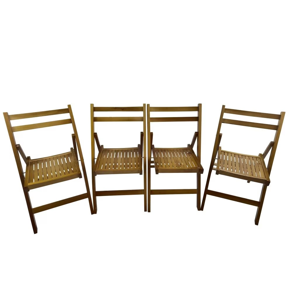 Set of four wooden folding chairs on a white background