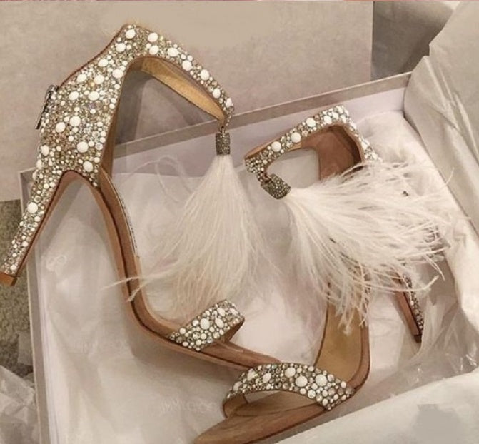 beige Bohemian Tassel Wedding High Heel Sandals