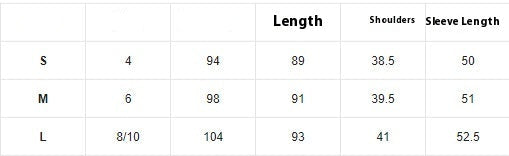 Table showing size chart for a garment with measurements in centimeters.