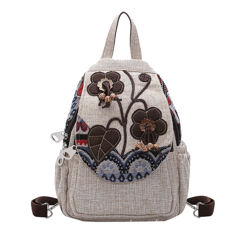 Boho White Backpack with Beaded Flower Designs