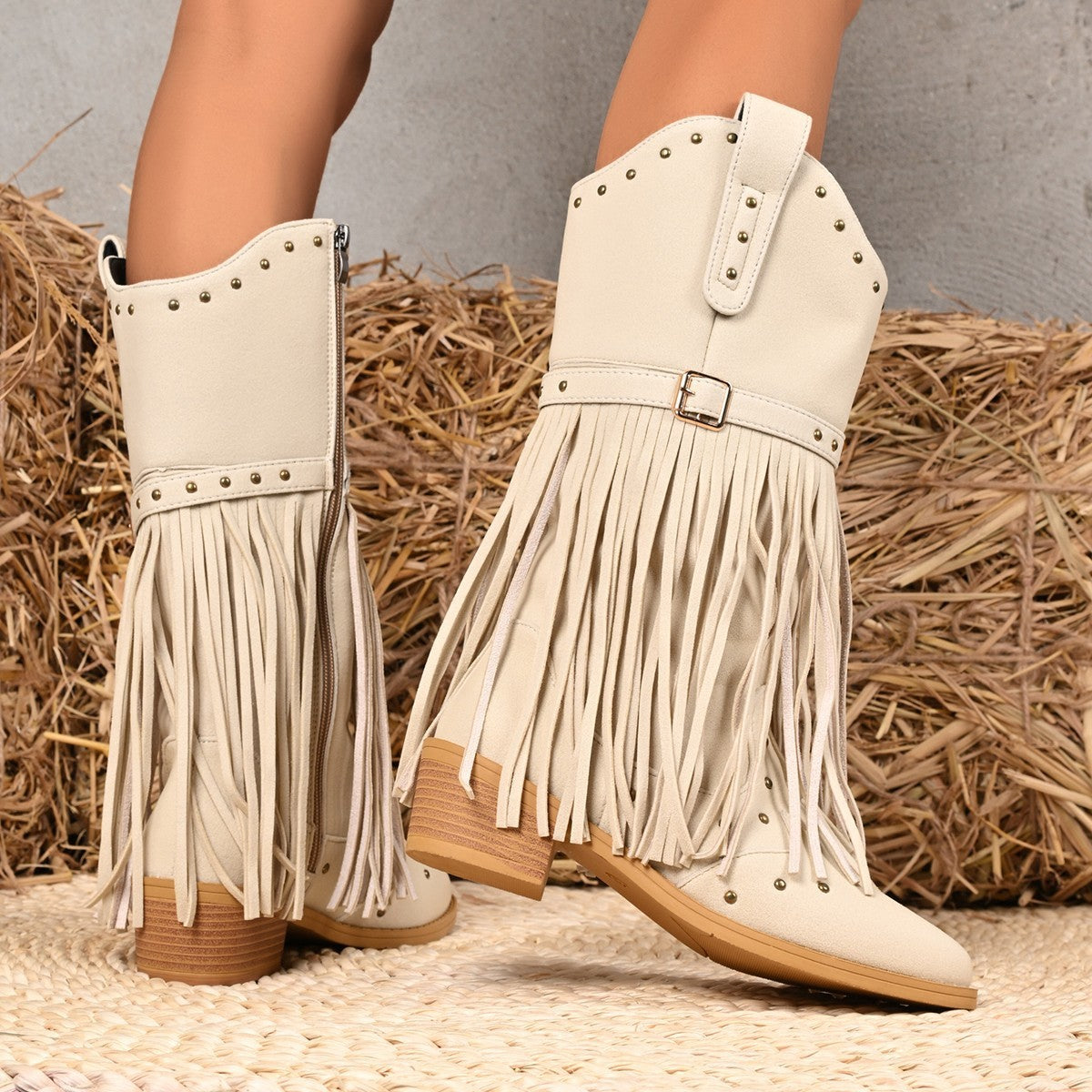 Boho Beige Fringe Cowboy Boots