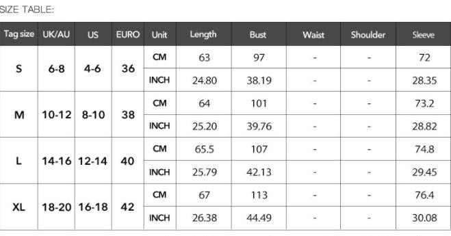 Size chart for clothing with measurements in centimeters and inches.
