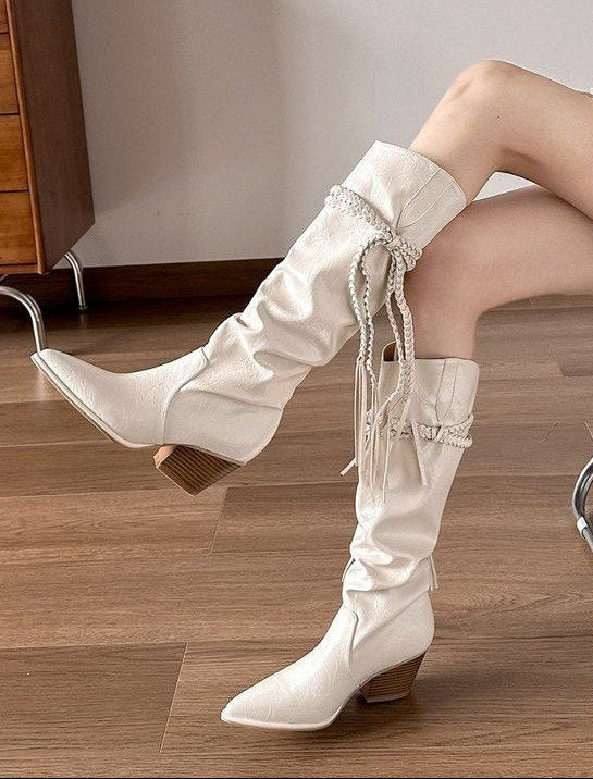beige Boho Boots with Chunky Heel for Women