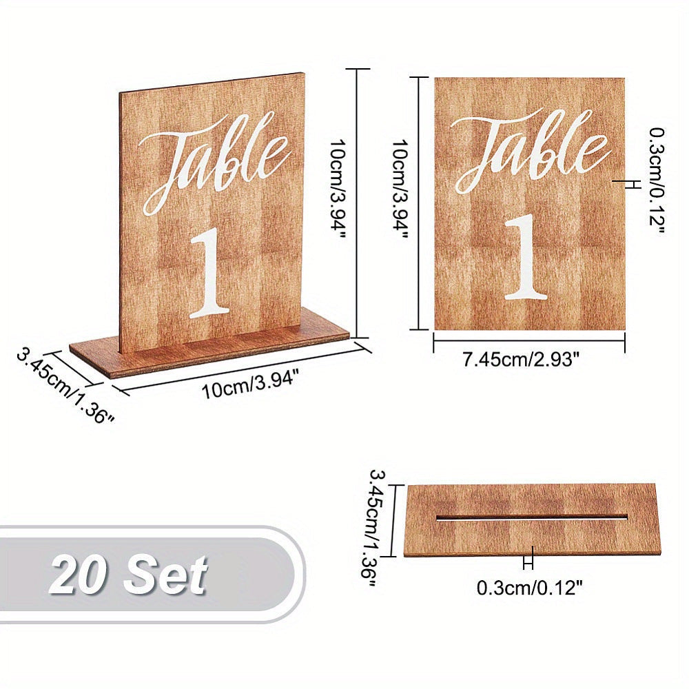 Wooden table number sign with dimensions and 'Table 1' text on a white background