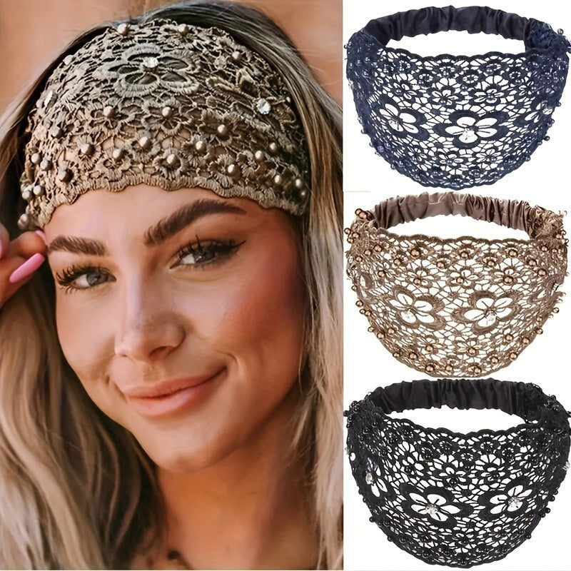 Boho Chic Lace Bandana Headband with Rhinestones