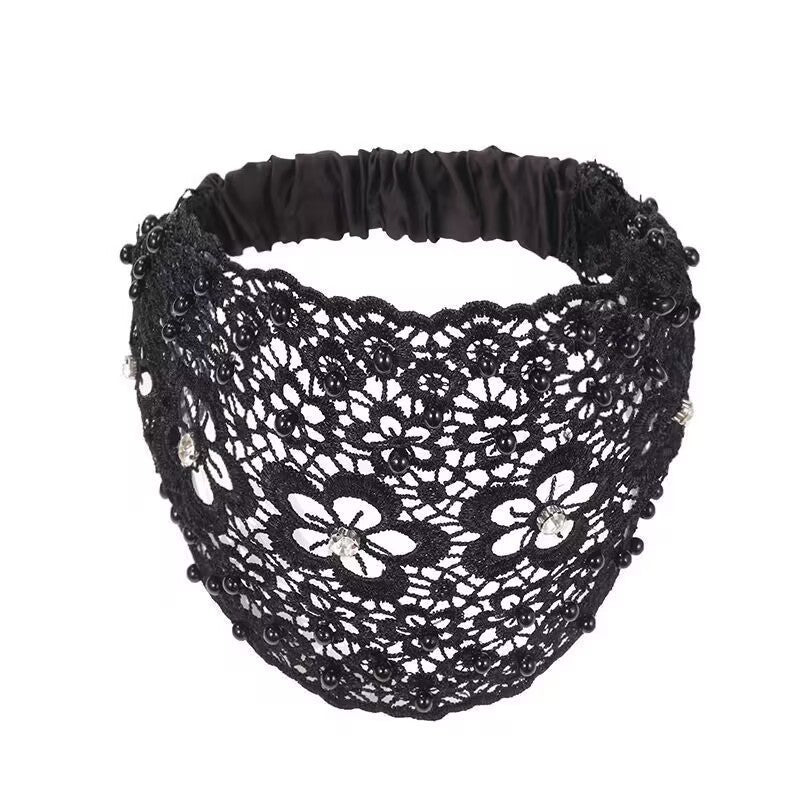 black Boho Chic Lace Bandana Headband with Rhinestones