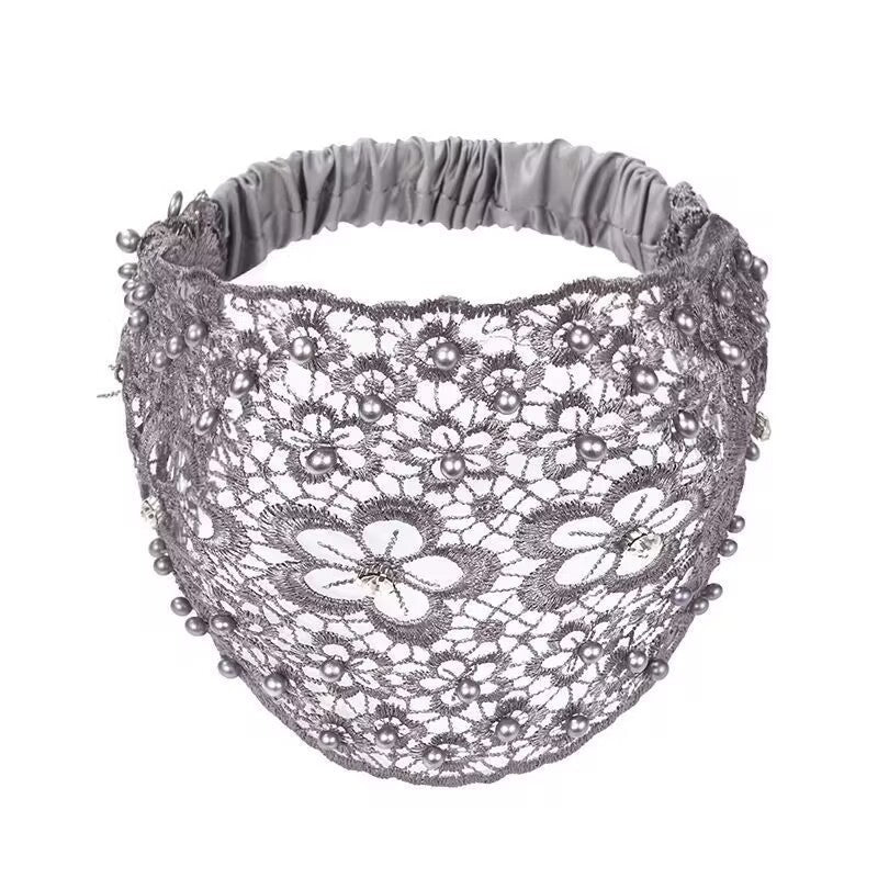 Boho Chic Lace Bandana Headband with Rhinestones gray