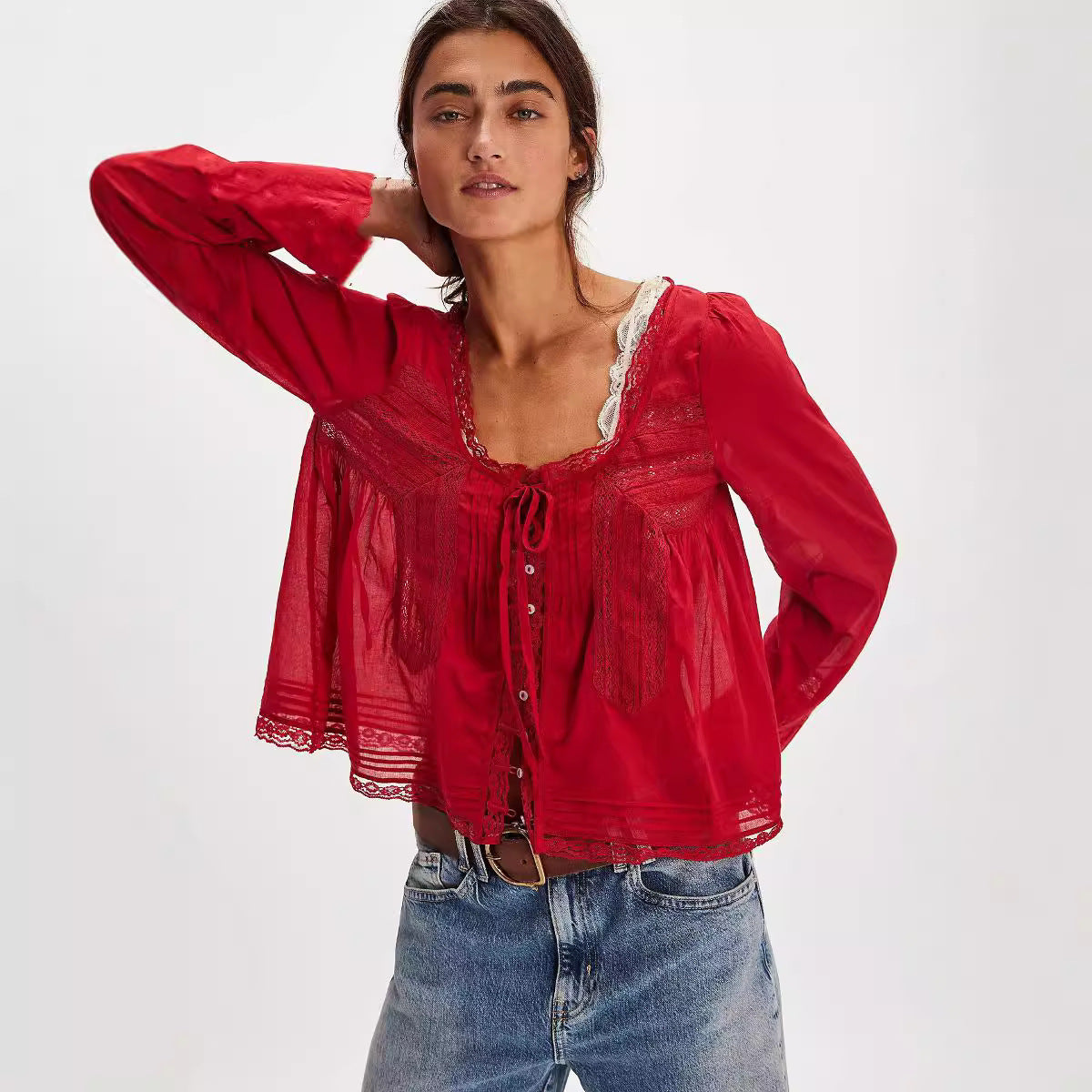 Boho Chic Lace U-Shaped Neckline Shirt
