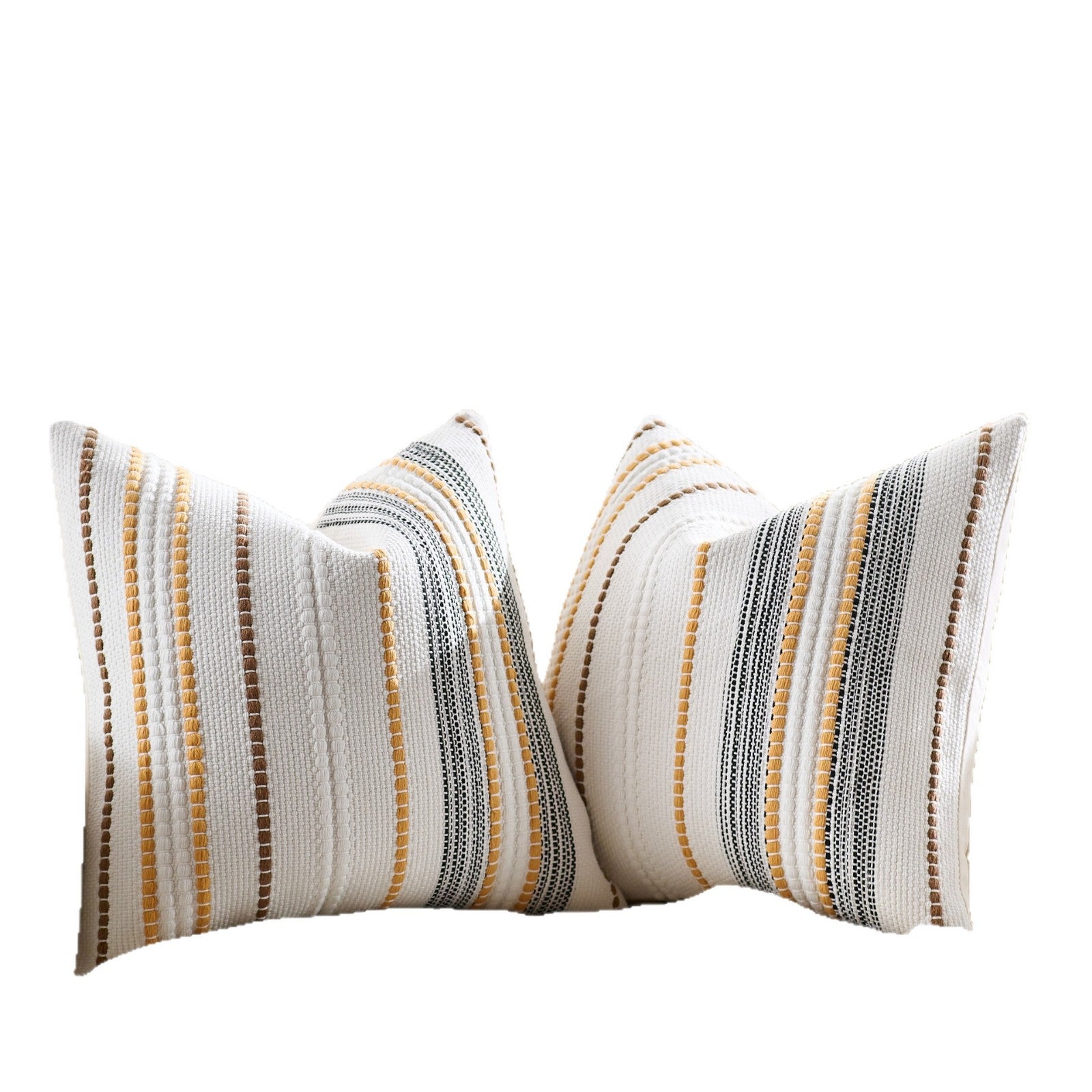 Two striped pillows with gray, yellow, and white pattern on a white background
