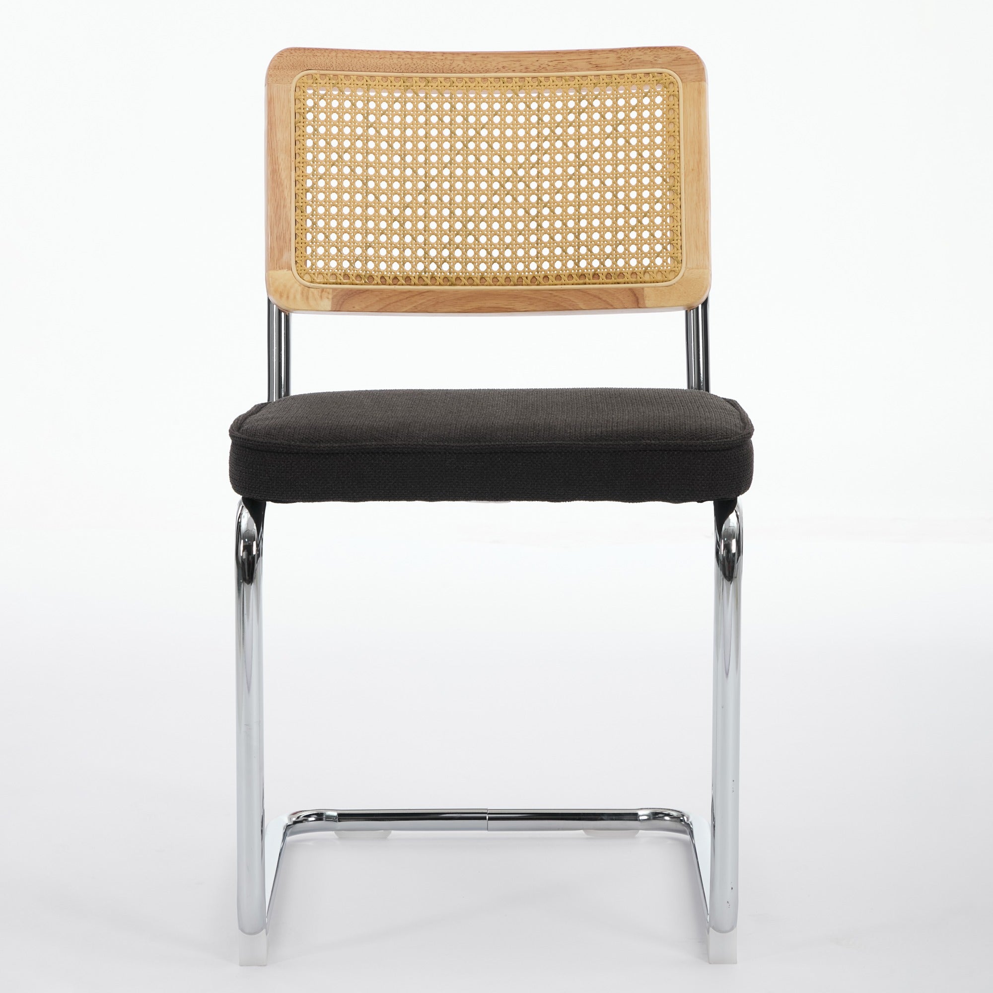 Chair with wicker backrest and black seat on a white background