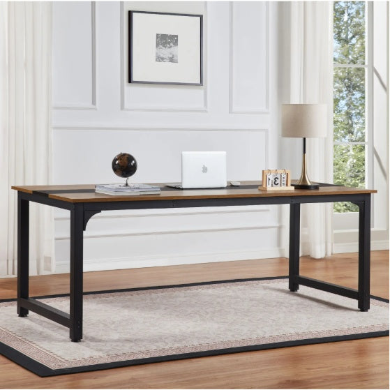 Dark Brown Wooden Large Rustic Boho Desk with Black Metal Frame