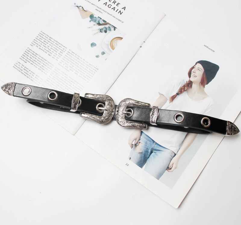 black Boho Double Buckle Belt for Women