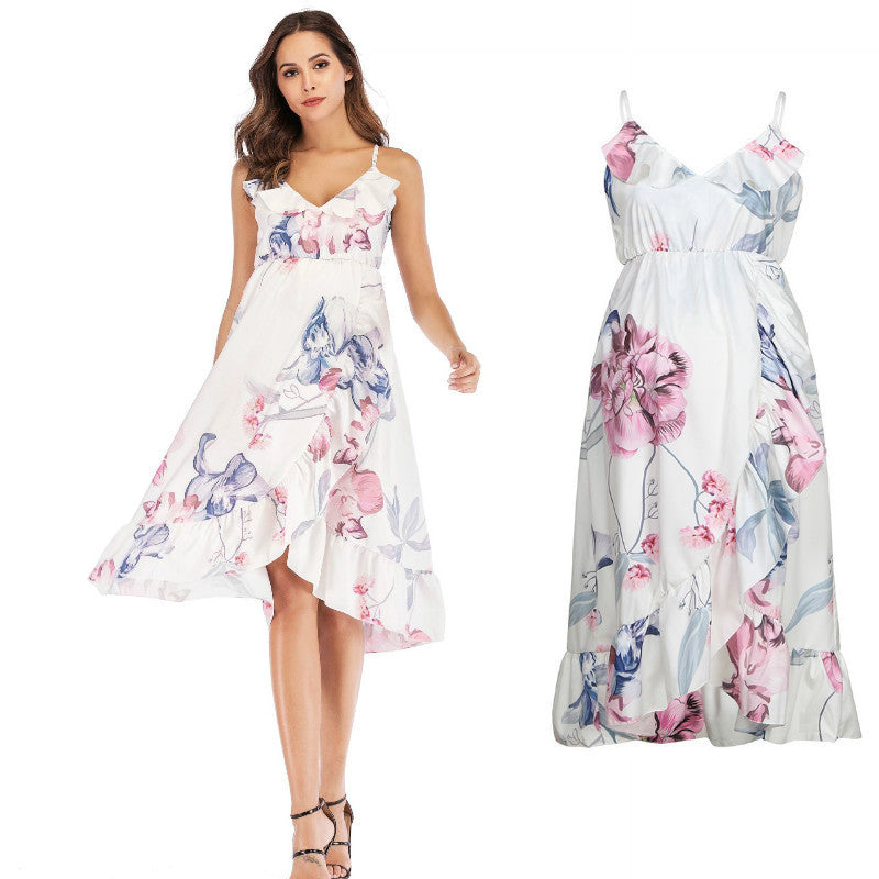 pregnant Woman wearing a floral dress with a close-up of the dress on a white background