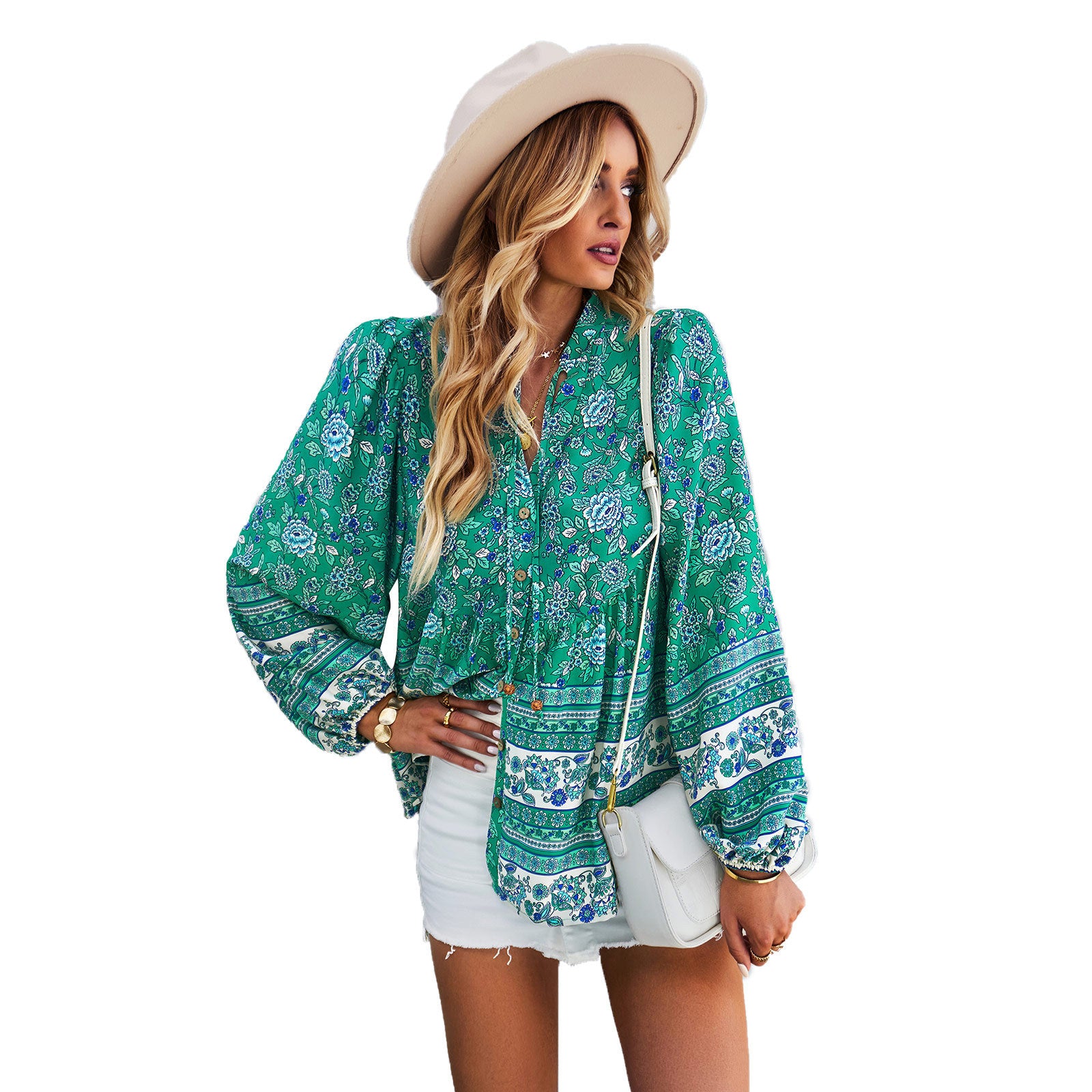 teal Boho Floral Print Shirt for Women