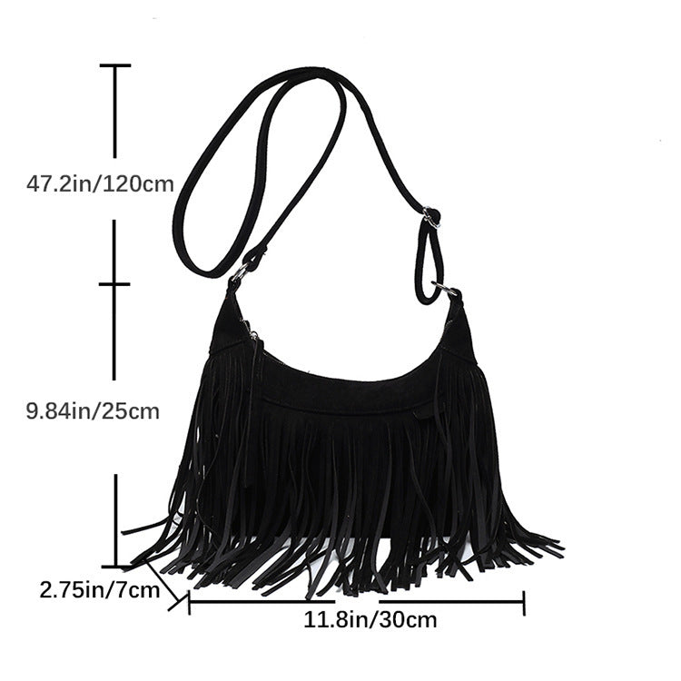 Black fringe handbag with measurements on a white background