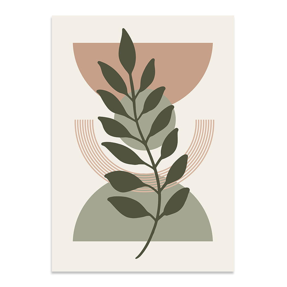 Art print with a leaf design and abstract shapes on a beige background