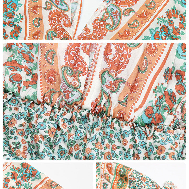 Patterned fabric with orange, green, and white colors on a white background