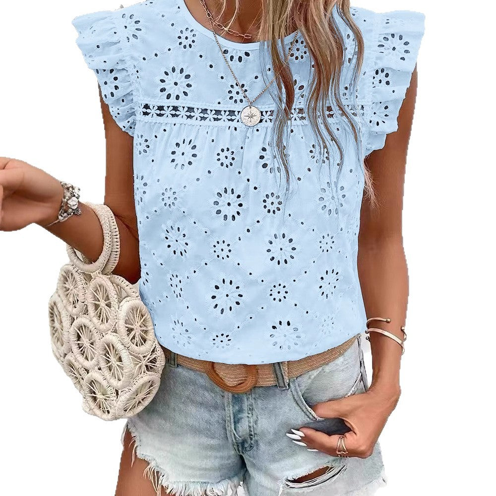 Boho Hollowed Out Blouse with Short Sleeves