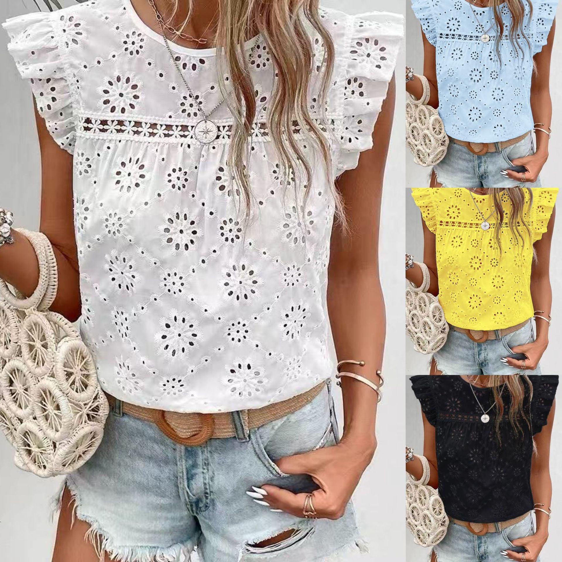 Woman wearing a white lace top with denim shorts, surrounded by images of different colored tops.