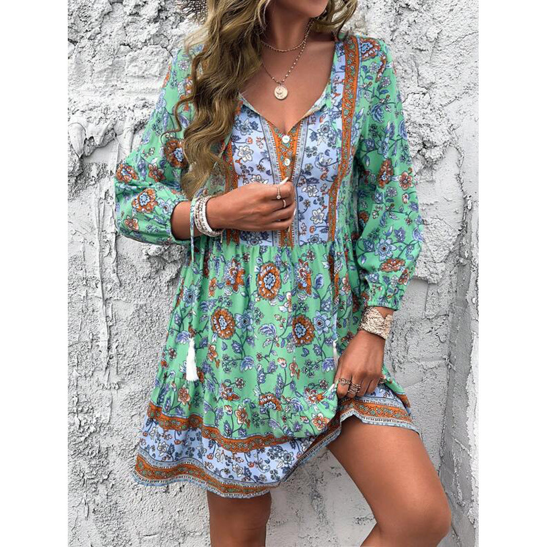 Boho Long Sleeve Mini Dress women
