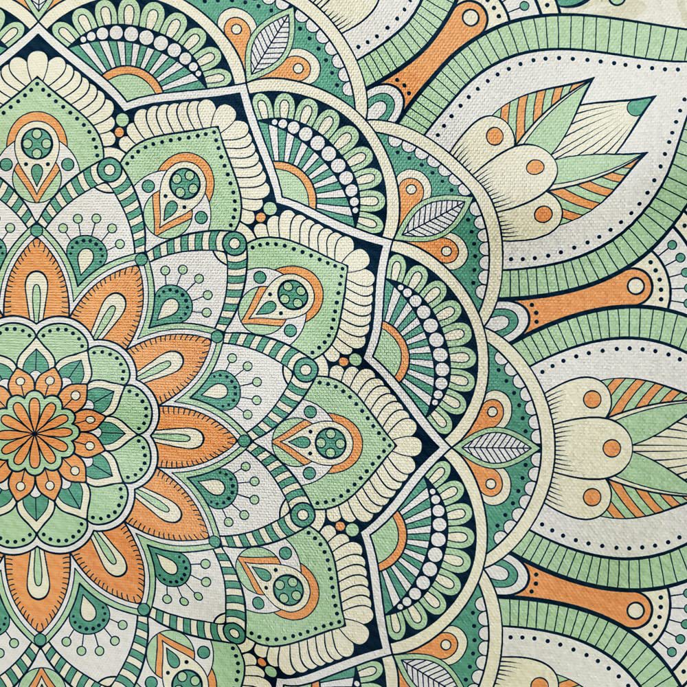 Colorful mandala pattern with green, orange, and white colors.
