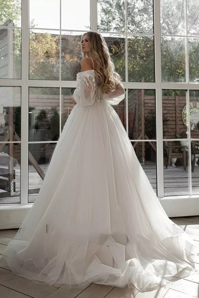 Boho Off Shoulder Long Sleeved Wedding Gown
