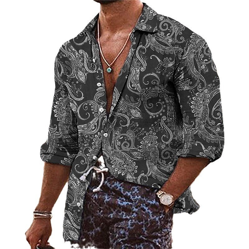 brown Boho Paisley Shirt for Men with Long Sleeves