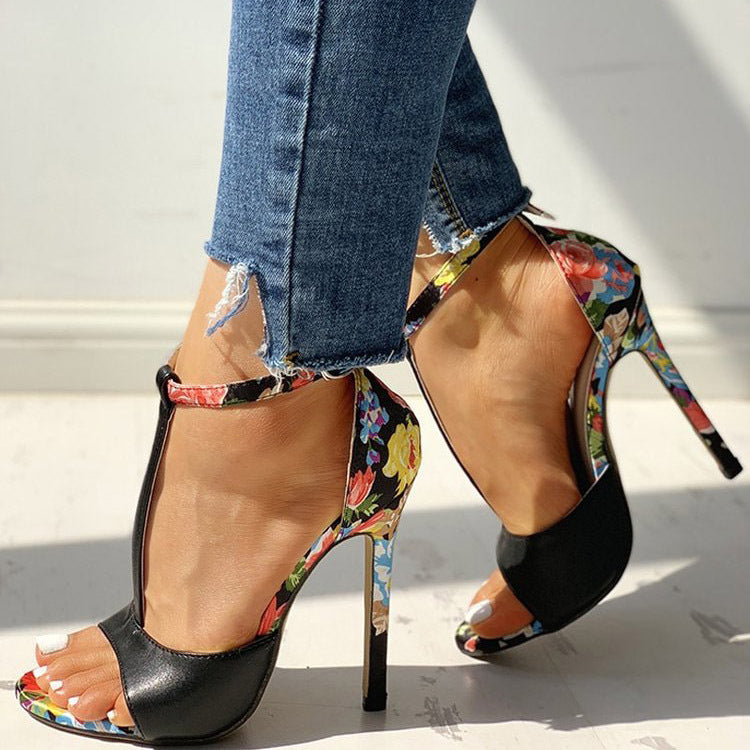 black Boho Pattern Open Toe Heel Sandals