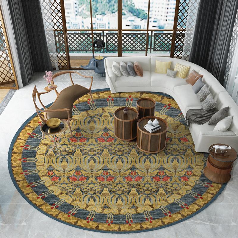 Decorative round rug with intricate patterns in a living room setting.