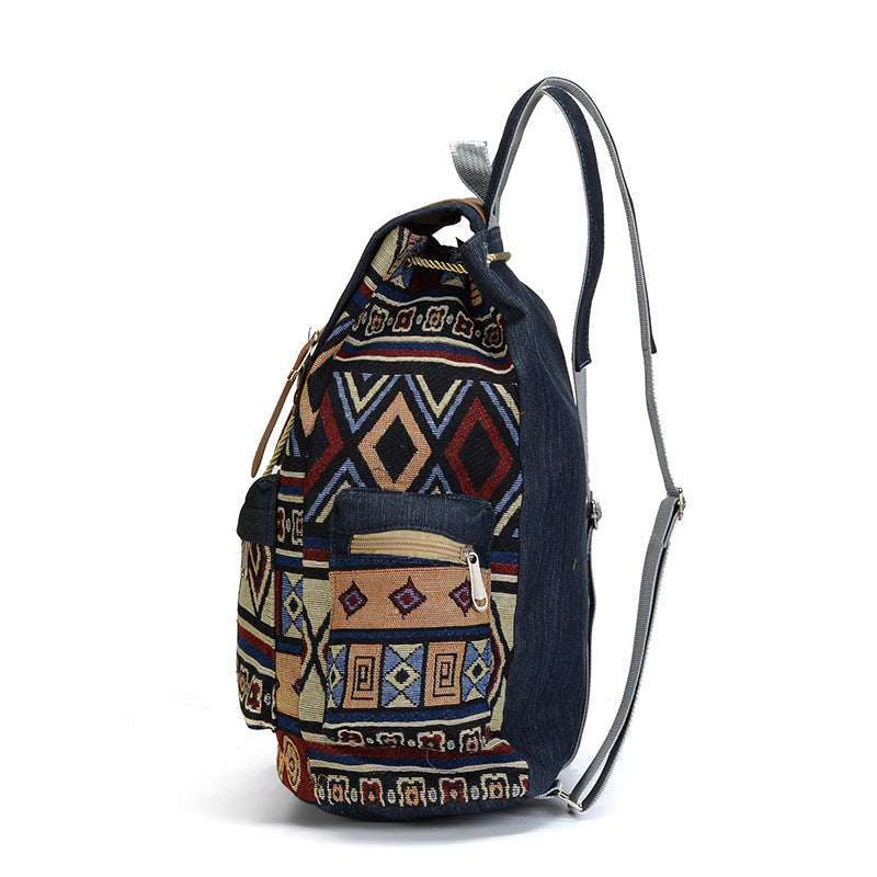 Boho Pattern Denim Backpack in Blue and Brown