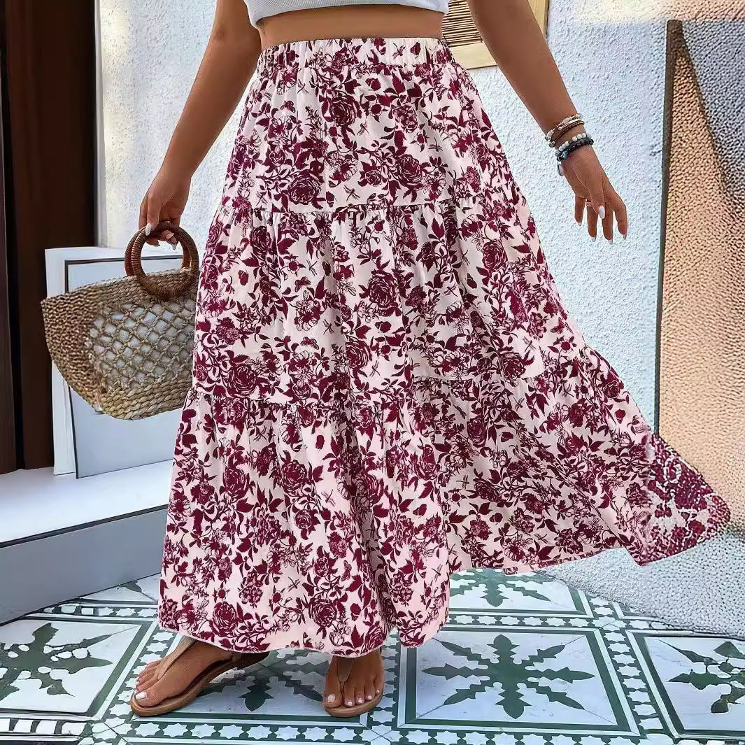 red white Boho Plus Size Floral Skirt