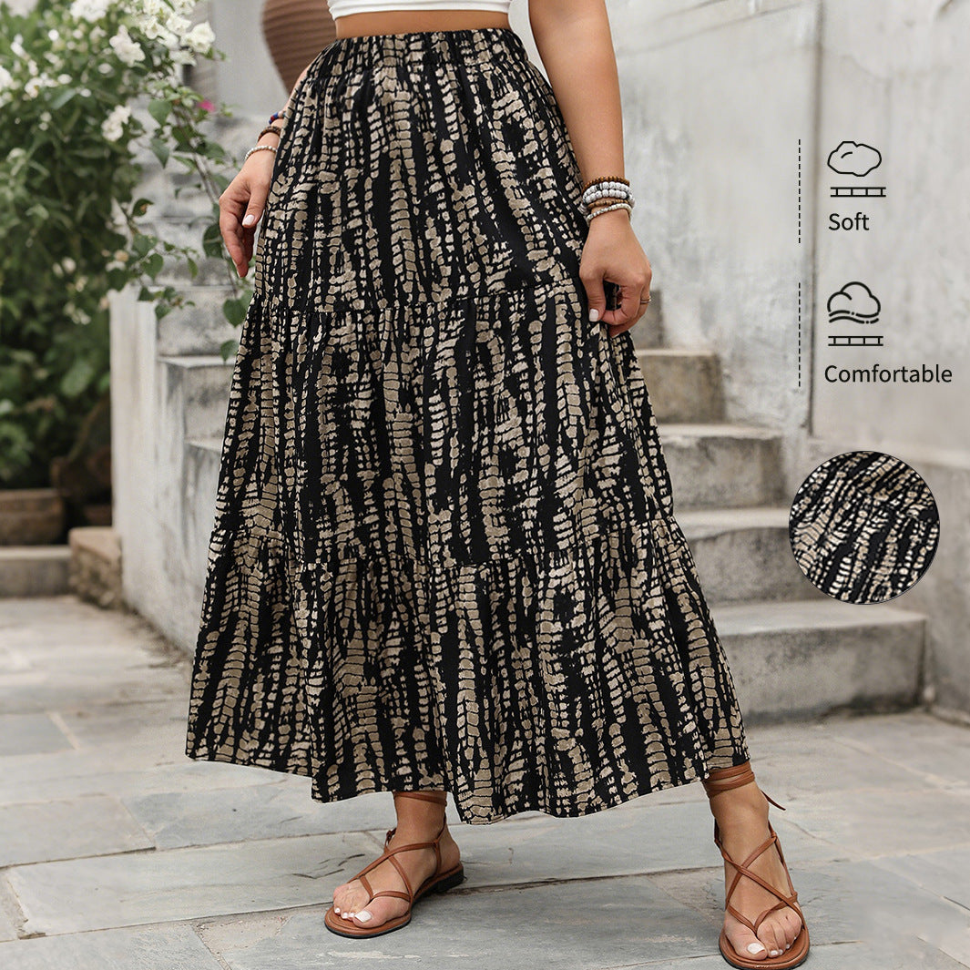 Maxi High Waist Boho Plus Size Skirt in Black and Brown