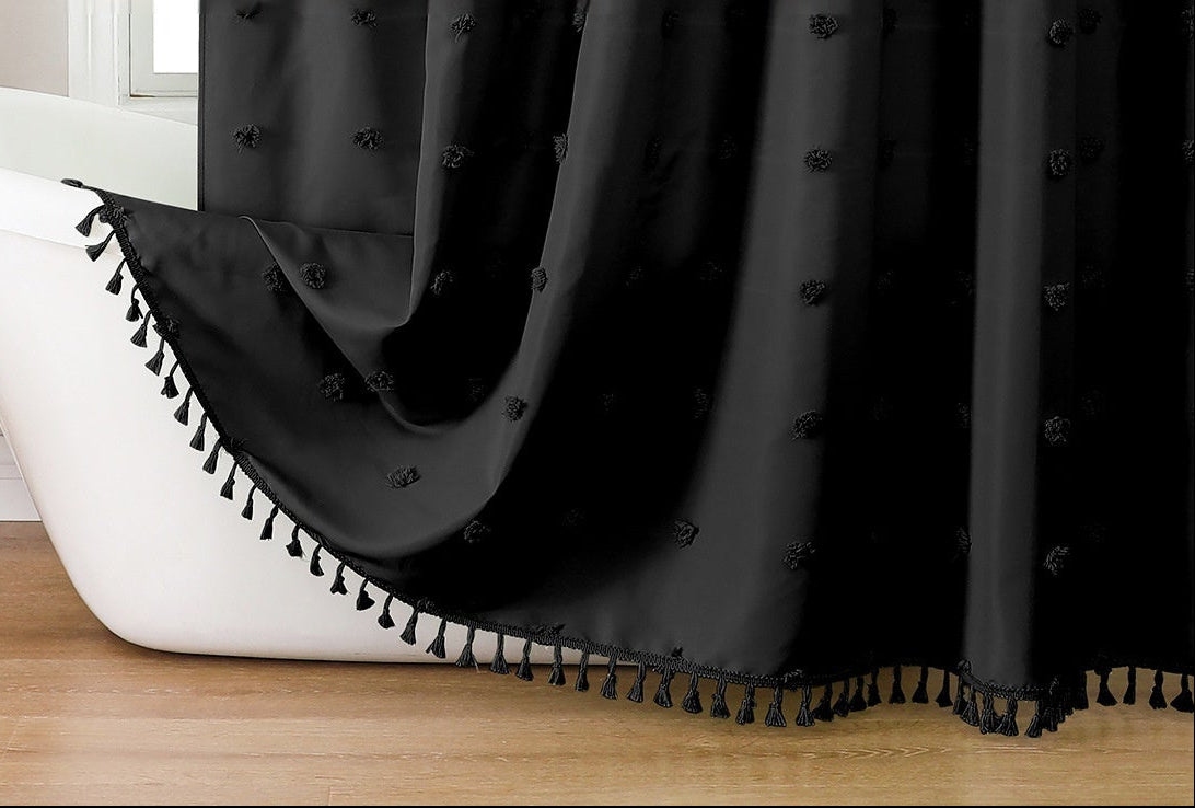 black Boho Pom-Pom Shower Curtains
