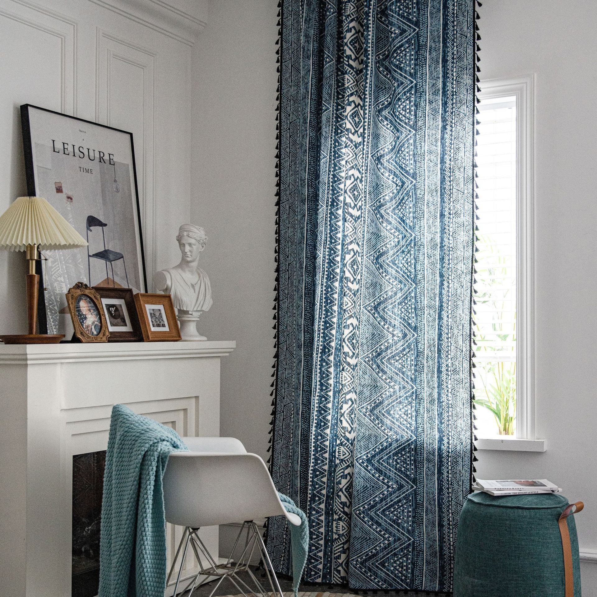 Boho Printed Blue Curtain with Tassels