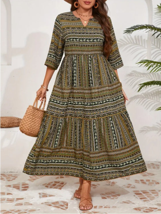 green Boho Print Short Sleeve Plus Size Dress
