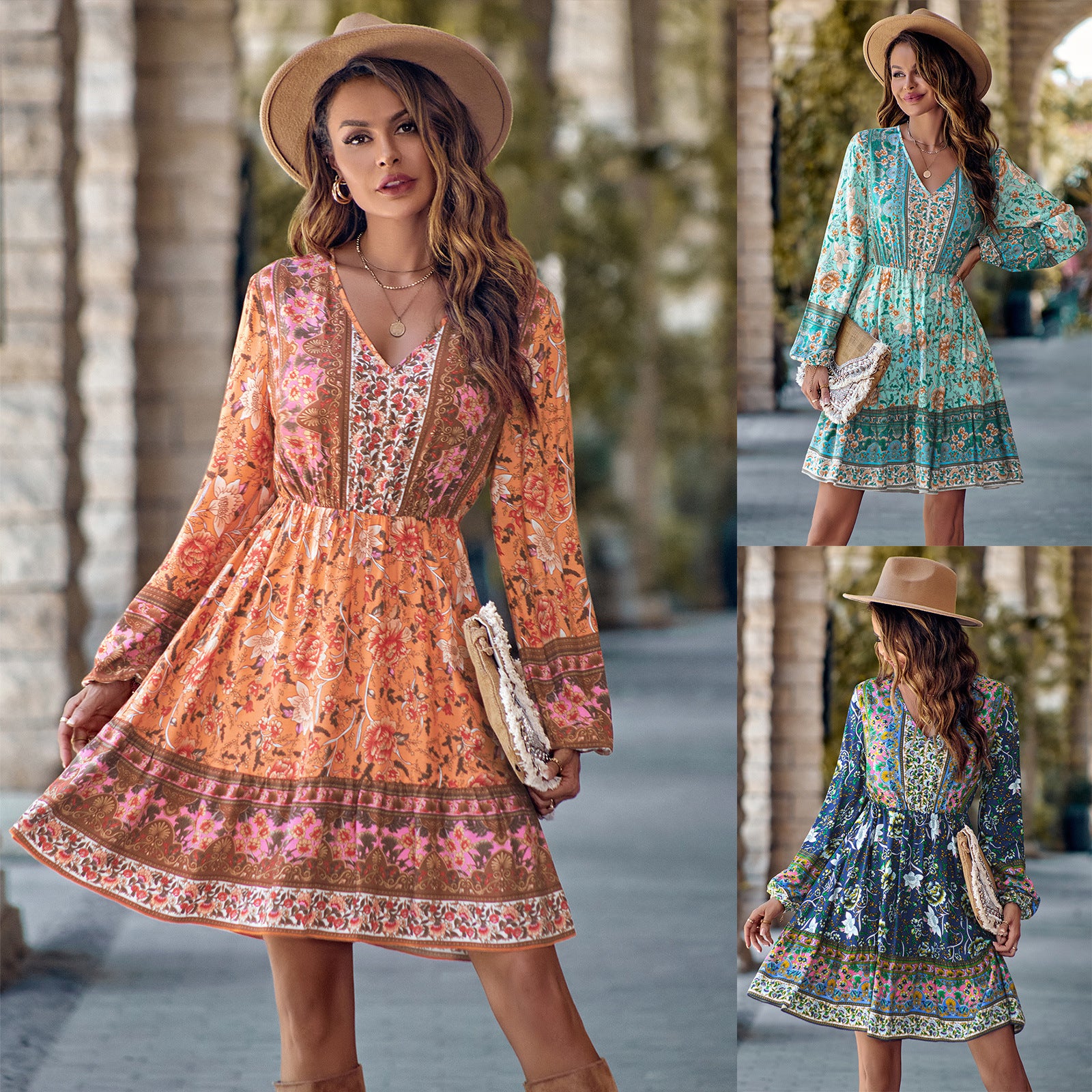 Boho Printed V-Neck Long Sleeve Dress Mini Women